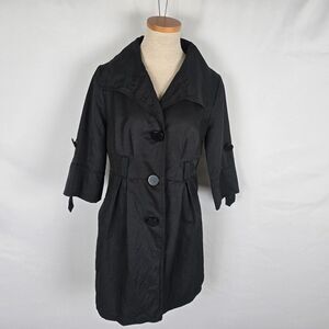 Ambition Raincoat Women's Small Long Length Peacoat Like 3 Button Roll Tab Black